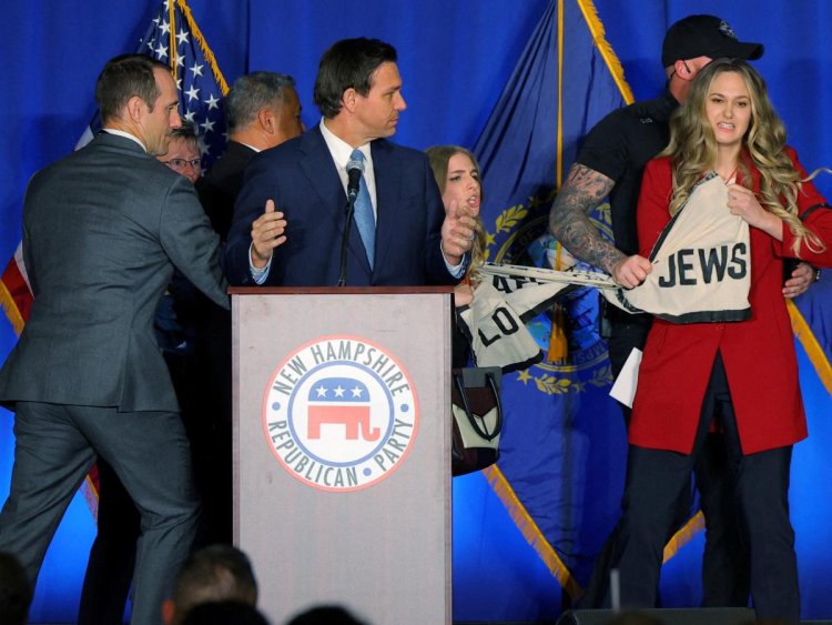 Protesters stormed the stage and yelled 'Jews against DeSantis' while the Florida governor spoke at a GOP fundraising event