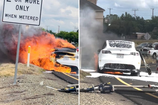 A man whose Tesla Model Y caught fire on a California highway says customer service asked him to haul the burned husk of his car to their service center