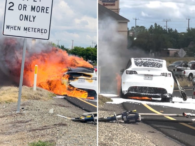 A man whose Tesla Model Y caught fire on a California highway says customer service asked him to haul the burned husk of his car to their service center