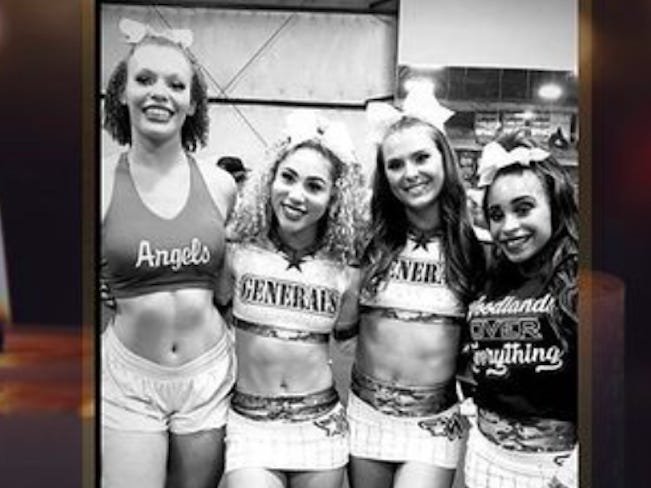 The Texas cheerleader wounded after her pal got into the wrong car said she tried to keep her friends calm even though she was throwing up blood