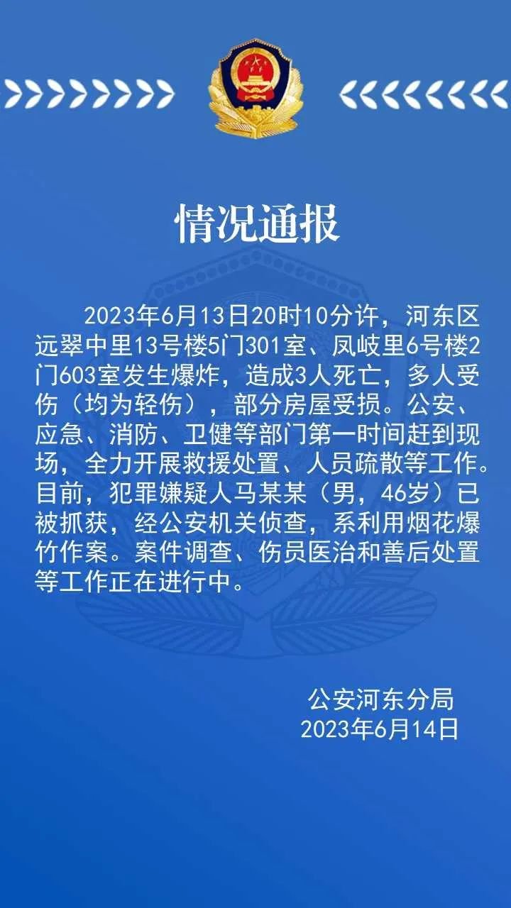 天津警方：两小区爆炸致3死，犯罪嫌疑人利用烟花爆竹作案已被抓获