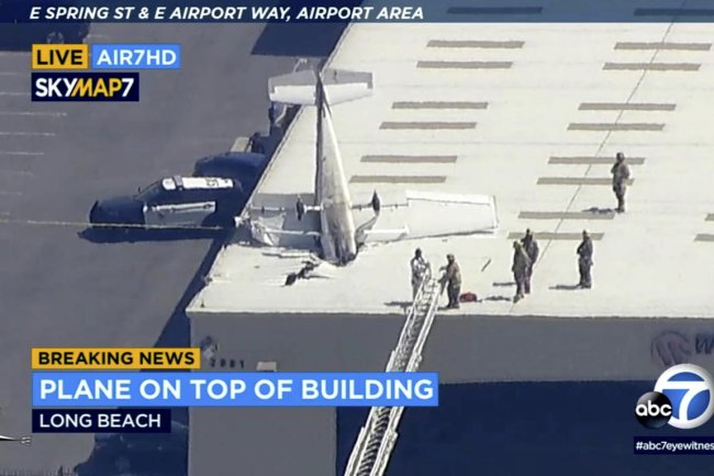 Pilot escapes with minor injuries when small plane crashes into hangar's roof at California airport