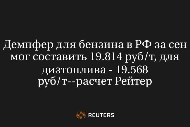 Демпфер для бензина в РФ за сен мог составить 19.814 руб/т, для дизтоплива - 19.568 руб/т--расчет Рейтер