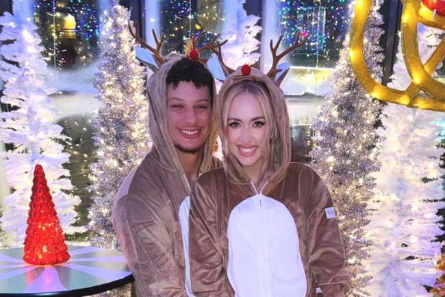 Patrick Mahomes, Wife Brittany Twin in Reindeer Onesies at Holiday Bash